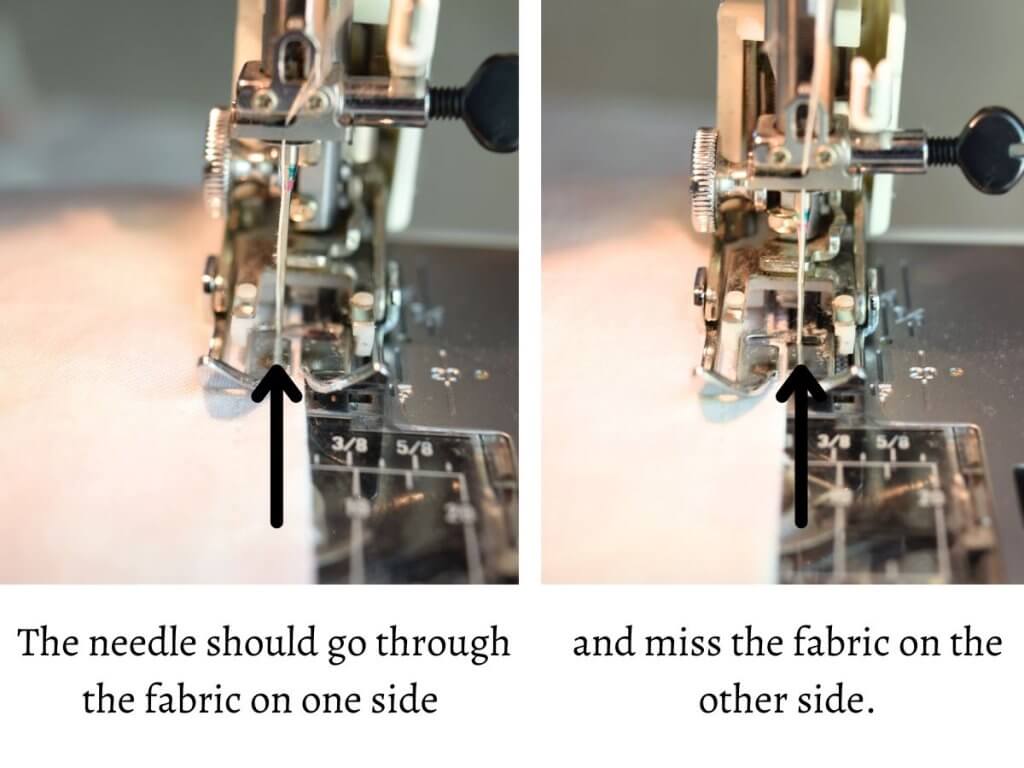 close ups of a sewing machine presser foot showing how to do a zigzag stitch on the edge of fabric