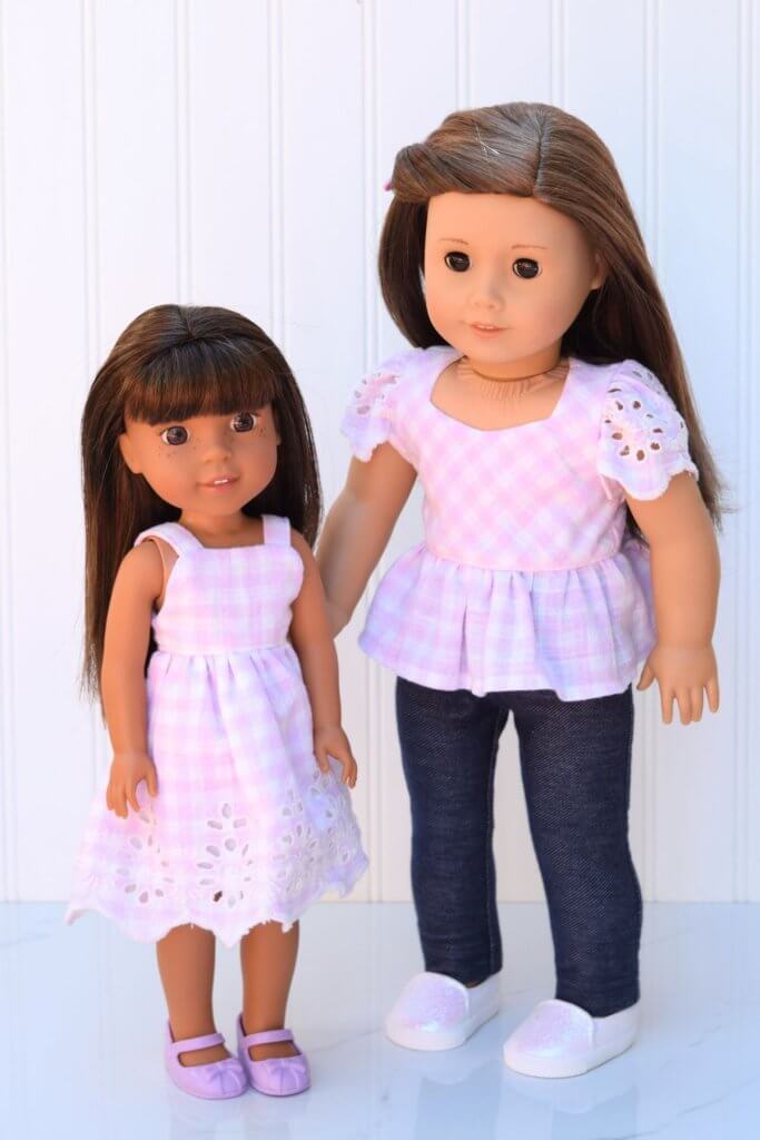 Dolls in a purple gingham dress and peplum top